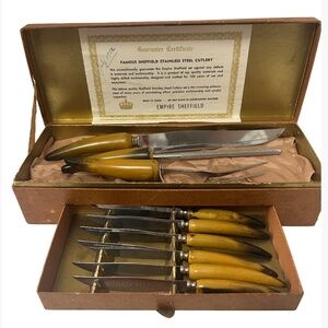 Empire Sheffield Bakelite Carving Set & Steak Knives Vintage 50s Butterscotch